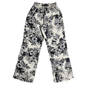 Soundstyle Pants Womens Medium Navy Blue Floral Linen Rayon Harem Wide Leg